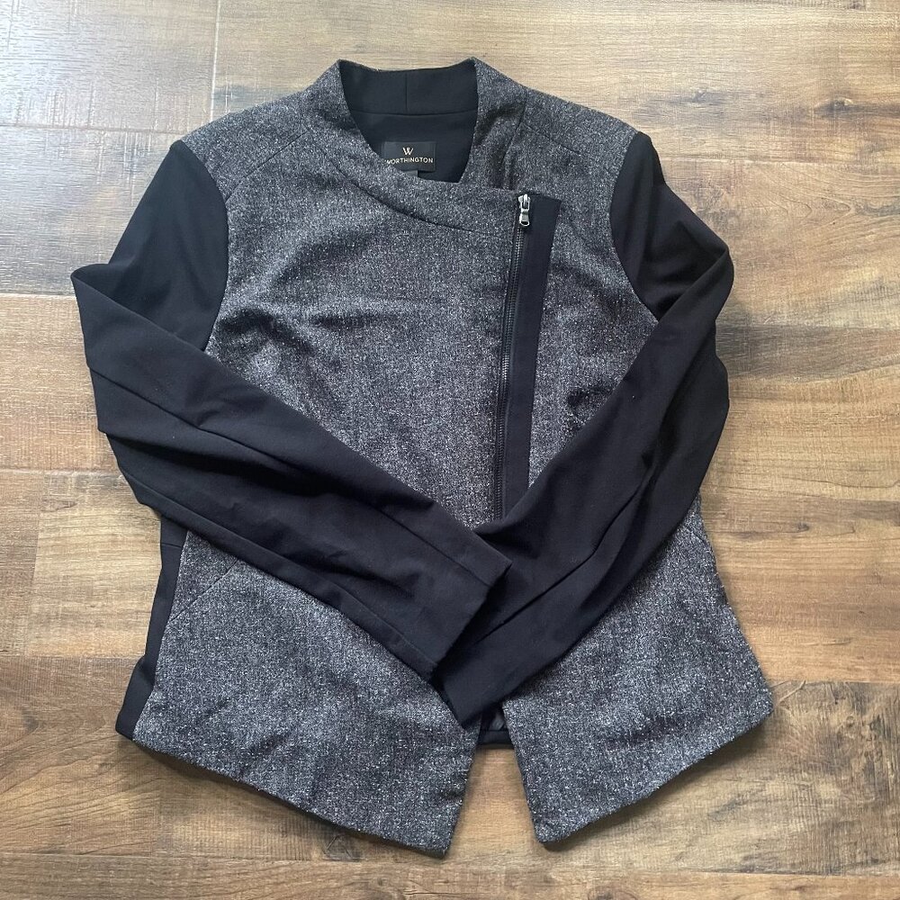 Worthington Women’s Large Moto Jacket Black and Gray Asymmetrical Zip Front Blaz